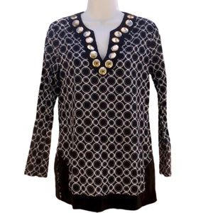 MICHAEL MICHAEL KORS BLACK/WHITE LONG SLEEVE SWIM COVERUP • METAL ACCENTS • sz S